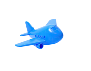 A rendered, plastic-looking, light-blue airplane isolated on a solid black background