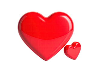 Two shiny, vibrant red hearts, one larger than the other, on a black background