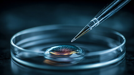 Close-up macro image of a human ovum in a petri dish with a fine needle prepared for IVF treatment, symbolizing fertility, life creation, medical innovation, and scientific precision.