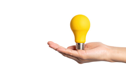 A hand presents a vibrant yellow illuminated lightbulb against a stark black backdrop