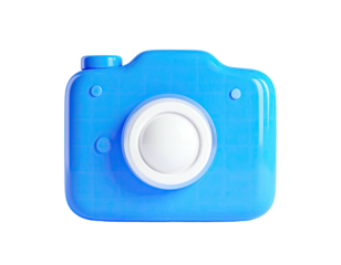 A vibrant blue, 3D digital camera illustration on a black background