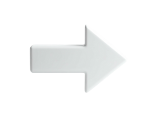 Glossy, 3D white arrow pointing right, isolated on a stark black background