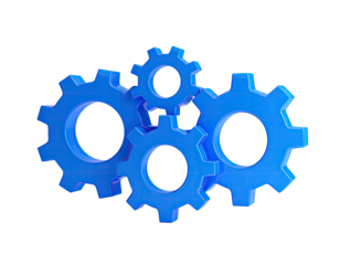 Four interconnected blue gears against a black background, indicating system collaboration