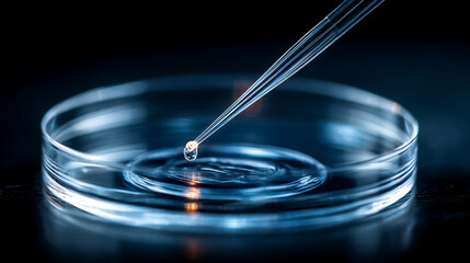 Close-up macro image of a human ovum in a petri dish with a fine needle prepared for IVF treatment, symbolizing fertility, life creation, medical innovation, and scientific precision.