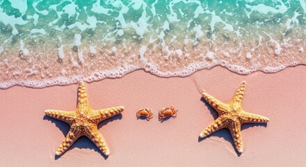 Two starfish and two small crabs rest on a pink sandy beach with turquoise water gently lapping the shore, creating a vibrant and playful tropical scene
