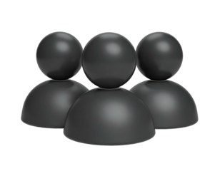 Three stylized figures with rounded heads and bodies, in shades of grey