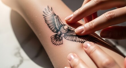 Intricate eagle temporary tattoo placement on fair skin forearm close up