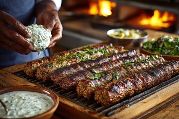 Naklejka premium Delicious grilled sausages served on a wooden platter