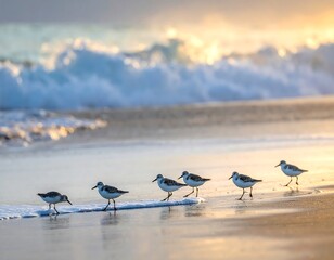 A serene coastal scene at sunrise, showcasing small birds gracefully walking along the wet sand near the gentle waves.