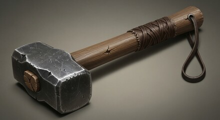 Detailed digital artwork showcasing a large, rugged blacksmith's hammer with a worn, textured metal head and a wooden handle, meticulously wrapped in leather, lying on a muted, neutral background;...