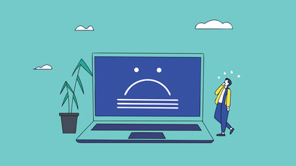 computer outage or blue screen error, common computer problem or server down, incorrect software update, operating system crash or cyber attack, confused people with computer blue screen error

