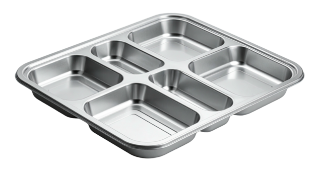 Shiny, compartmentalized, metal tray with various rectangular sections for food