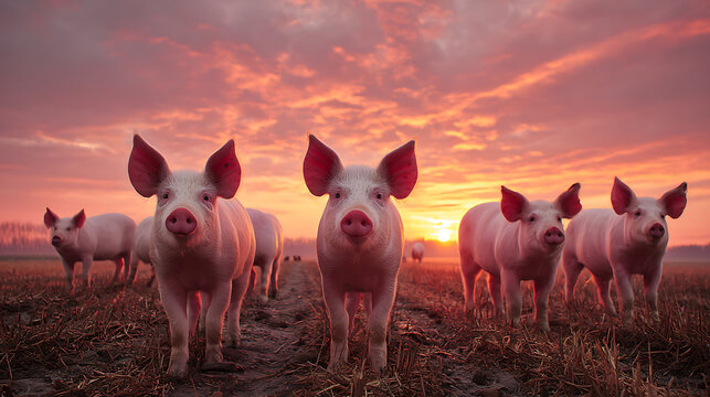 Group of healthy pink pigs standing in a field at sunset with orange sky and horizon, warm glow now