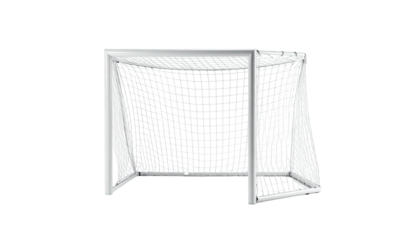White soccer/football goal net, isolated against a stark black background