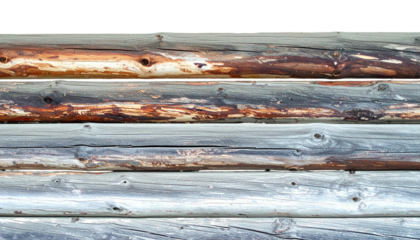 Close-up of aged, weathered logs, horizontally arranged, showing knot details