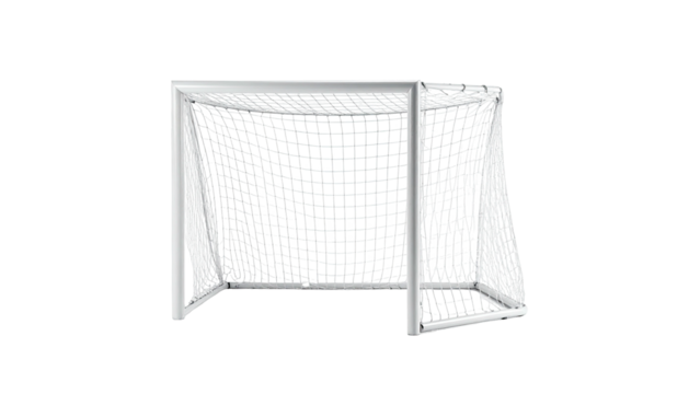 White soccer/football goal net, isolated against a stark black background
