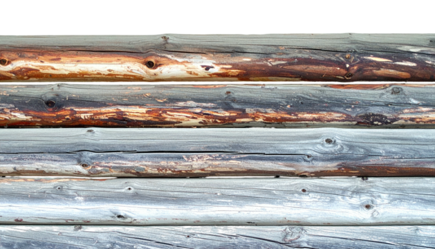 Close-up of aged, weathered logs, horizontally arranged, showing knot details