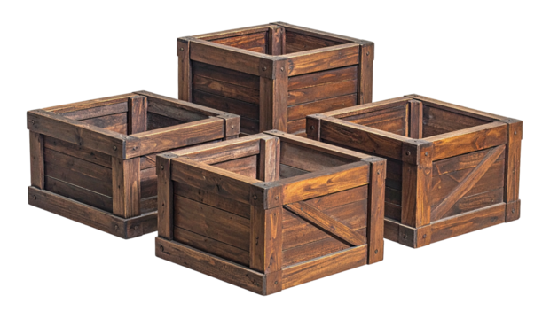 Four empty, stained wooden crates are arranged on a black background