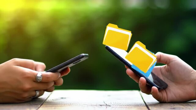 Files Sharing Between Two Smartphones on Rustic Wooden Table with Green Background