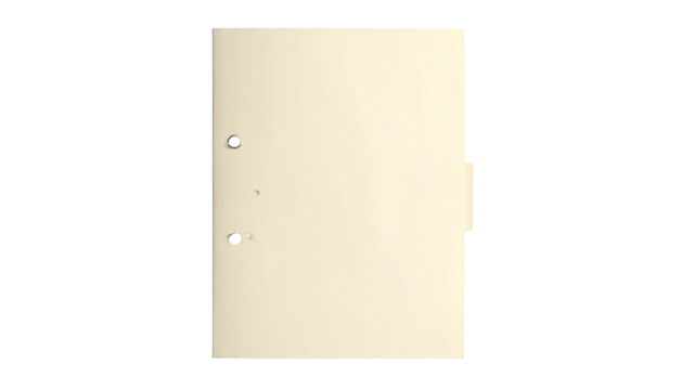 A file folder, three-hole punched, with a tab. Against a black background