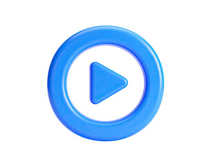Glossy, azure-blue play button with a circular frame, rendered on black background