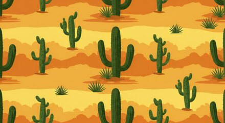 Seamless vector pattern featuring a desert landscape with saguaro cacti illustration