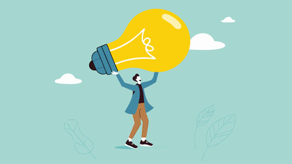 businessman bring big light bulb idea for new product idea or business opportunity, finding new idea, creativity or innovation to create new product, solution to solve problem or fix mistake concept

