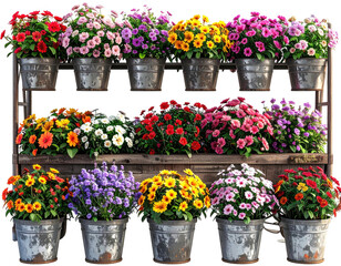 A display of colorful flower pots on a rustic wooden shelving unit