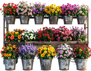 A display of colorful flower pots on a rustic wooden shelving unit