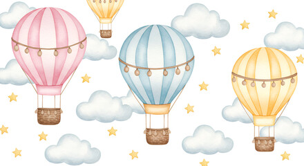Watercolor hot air balloons in pastel colors with clouds and stars background illustration