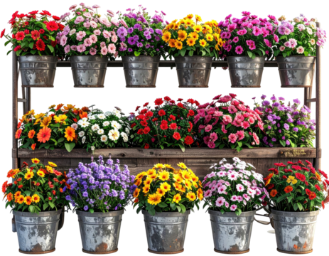 A display of colorful flower pots on a rustic wooden shelving unit