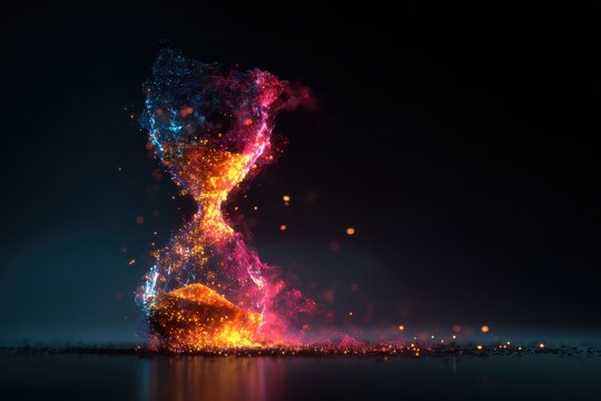 Glowing hourglass with sand made of particles on a dark background. Ideal to illustrate concepts of time, deadline, or fleeting moments.