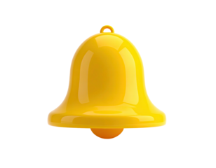 Glossy yellow bell with loop, orange clapper, set against black backdrop