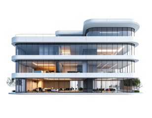 Modern office building with glass walls, minimalist design, and rounded edges