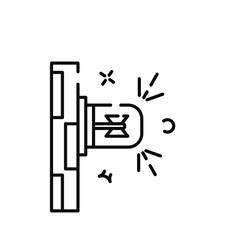 Minimalist line art icon representing a lit light bulb with radiating light on a textured wall surface with sparkling accents and a crescent shape nearby symbolizing illumination or idea generation.