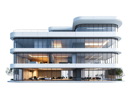 Modern office building with glass walls, minimalist design, and rounded edges