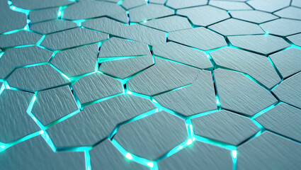 Fototapeta premium Abstract Hexagonal Surface With Glowing Cyan Light In The Cracks background texture