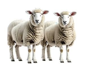 Two fluffy sheep stand close together, isolated against a transparent background