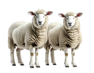 Two fluffy sheep stand close together, isolated against a transparent background