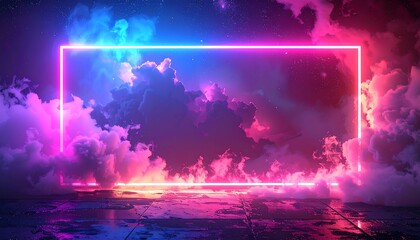 Fototapeta premium Neon rectangle frame, illuminated by vibrant pink and blue lights, highlighting a dramatic sky filled with fluffy clouds and stars.