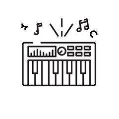 Minimalist Outline Icon of a Synthesizer Keyboard With Musical Notes Emanating Upward on a Clean Transparent Background