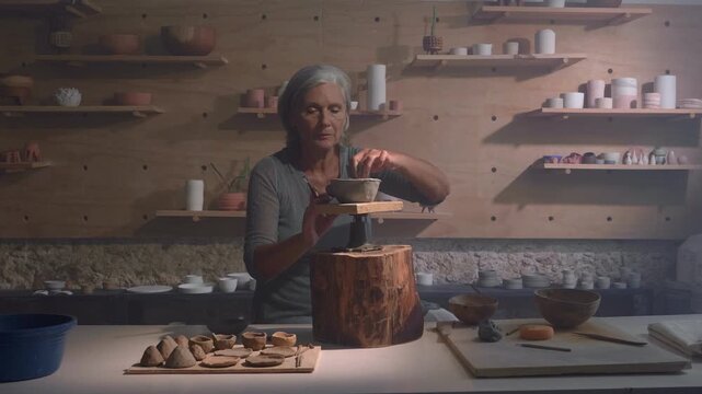 Senior female artisan shaping a clay bowl with care in a rustic pottery studio. Concept of craftsmanship, creativity, and handmade ceramic art. Warm natural lighting highlighting texture and artistic 