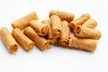 Rolled crispy wafers filled with shredded pork floss, Thai snack.