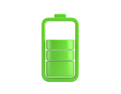 Glowing green battery graphic, fully charged, on a black background