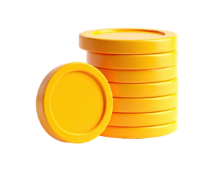 Rendered golden coins, one separate, stacked against a black background