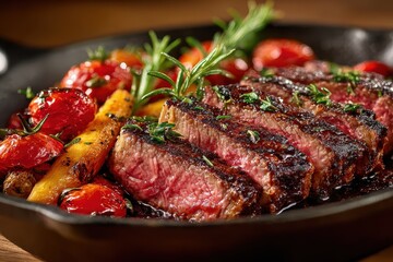 Grilled steak with tomatoes and rosemary presented on plate