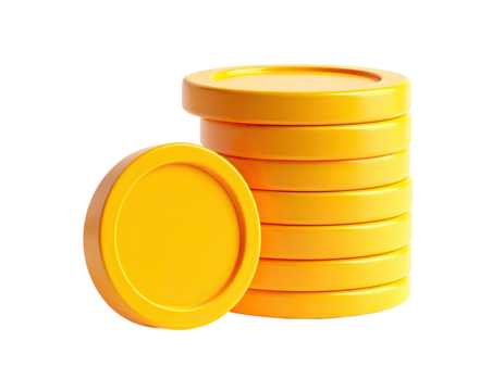 Rendered golden coins, one separate, stacked against a black background
