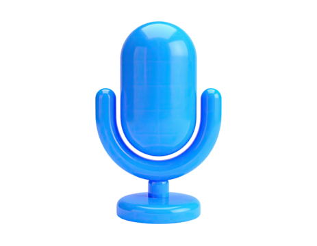 A glossy, cyan microphone icon rendered in 3D, standing against a stark black background