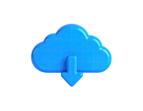 A glossy, blue cloud icon with a downward-pointing arrow, against black - Powered by Adobe