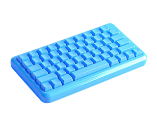 Isometric view of a vibrant, light-blue, minimalist computer keyboard on black